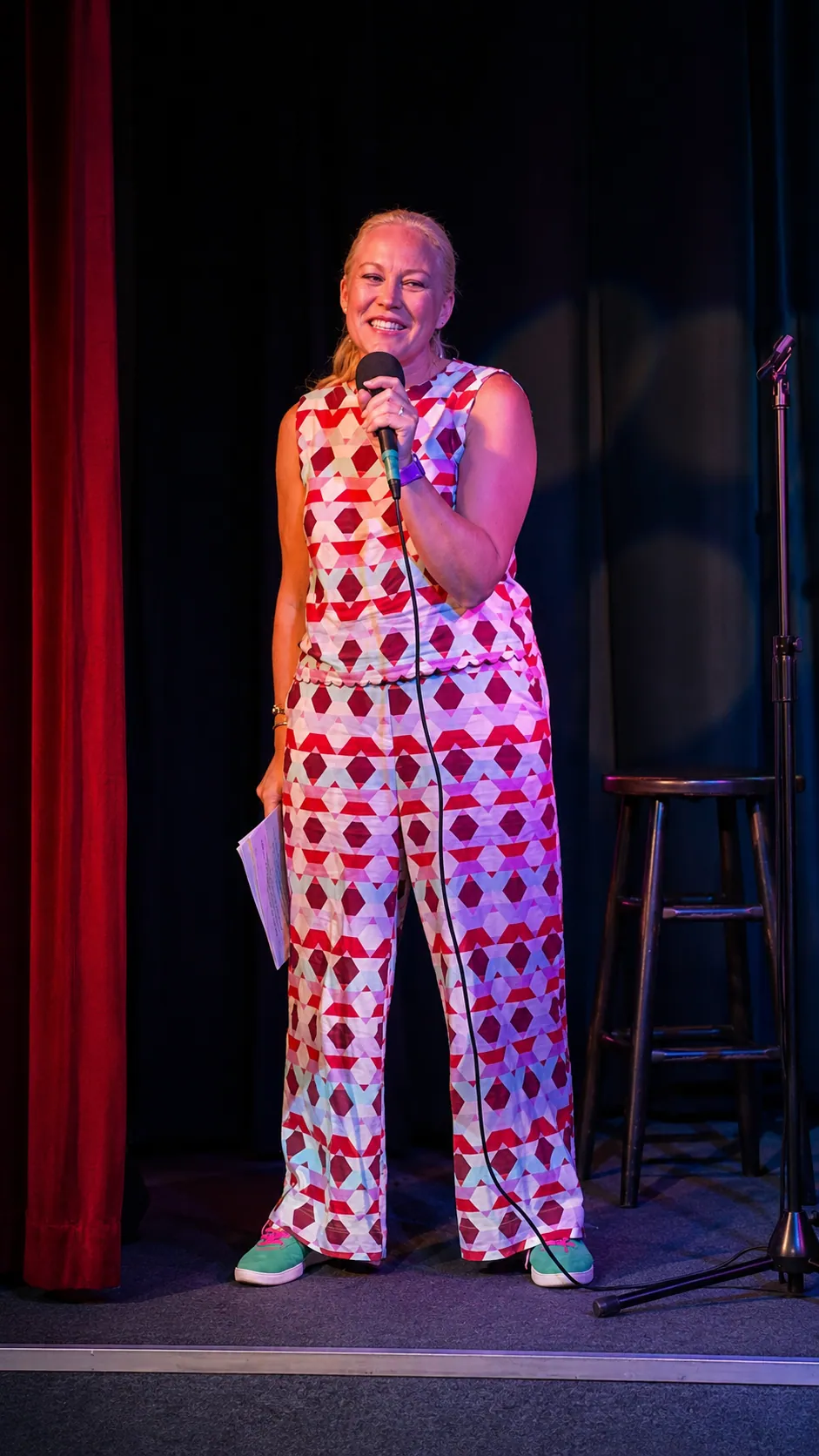 Emma-Jane Greensted performing stand-up comedy