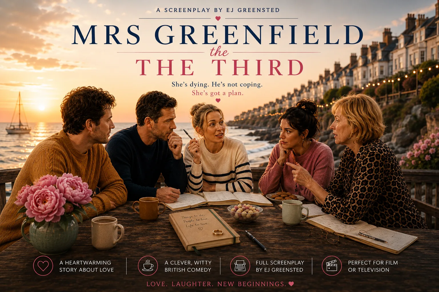 Mrs Greenfield the Third: key art for the television adaptation, an ensemble cast around a kitchen table by the sea