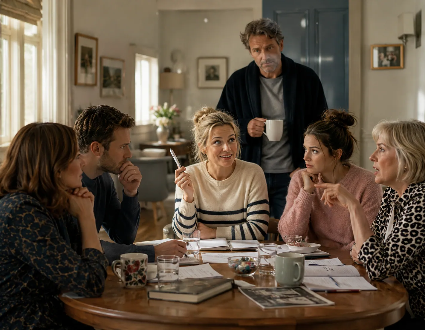 Emily and the interview panel of family and friends around the kitchen table