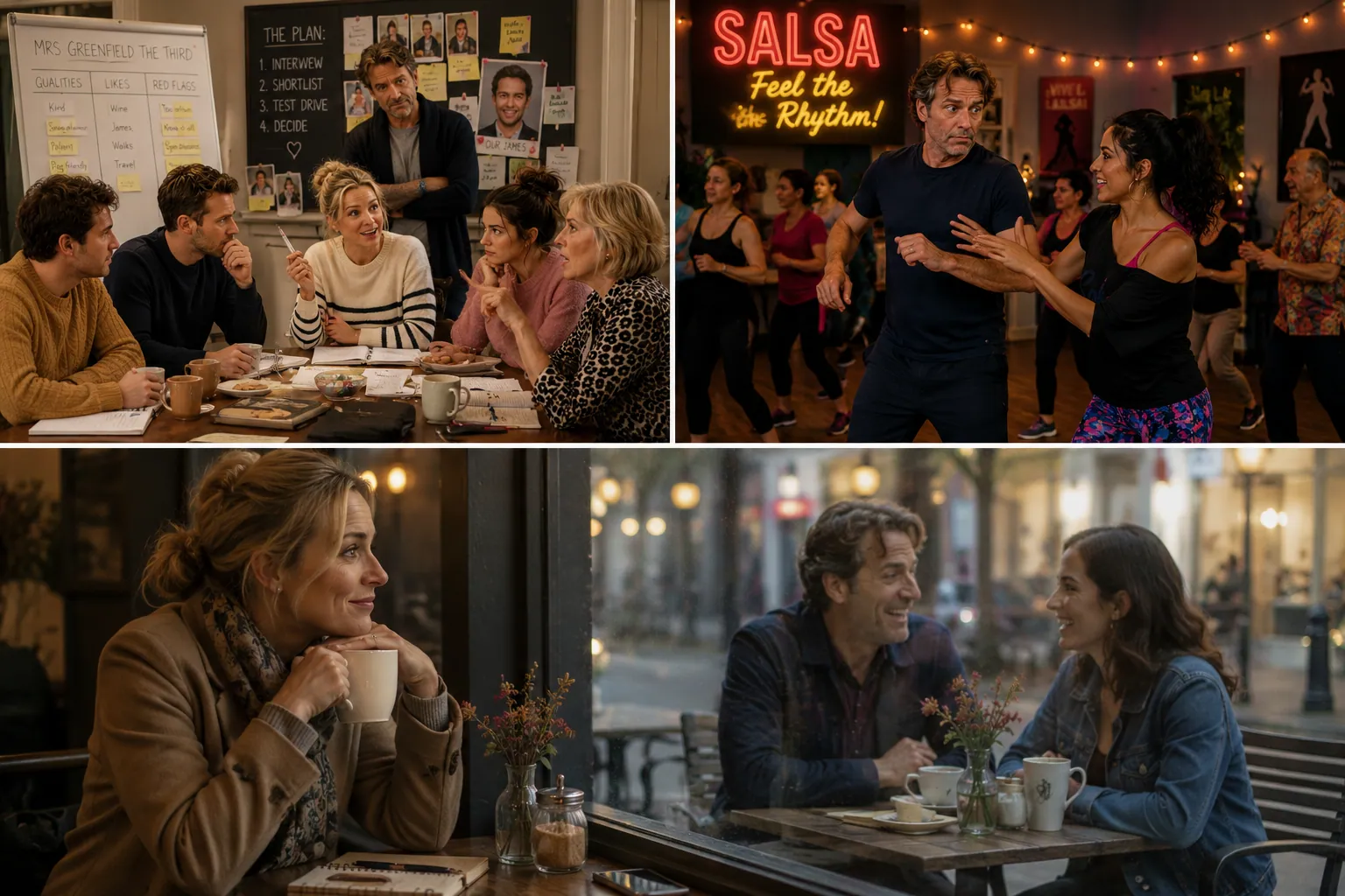 Concept stills from Mrs Greenfield the Third: the interview panel, a salsa class and café conversations